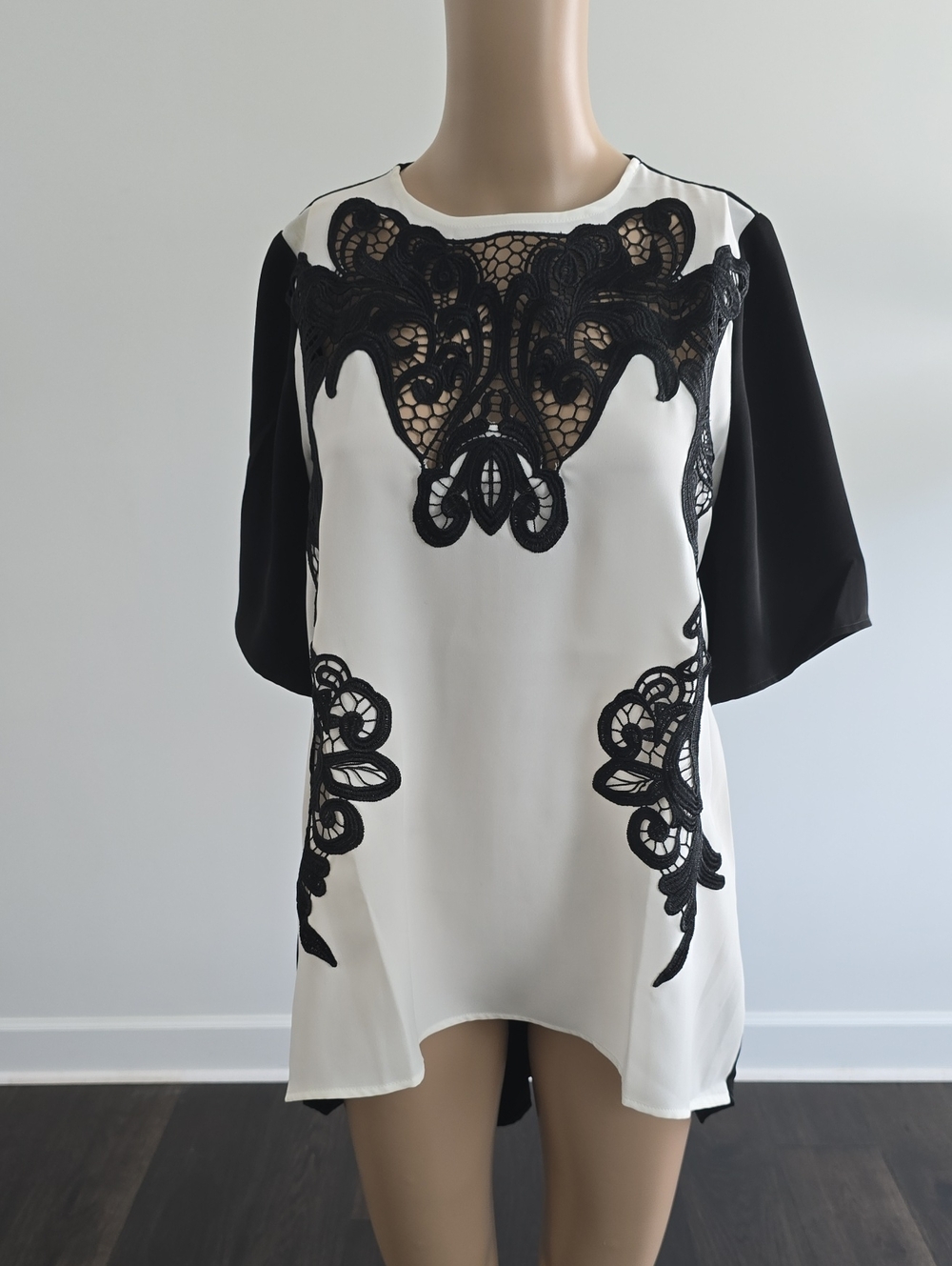 Anne Fontaine White Blouse with Black Lace Appliqué